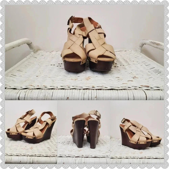✨BOGO FREE✨ Qupid | Woven Cream Buckled Peep toe Platform Leather Wedges - Picture 3 of 4